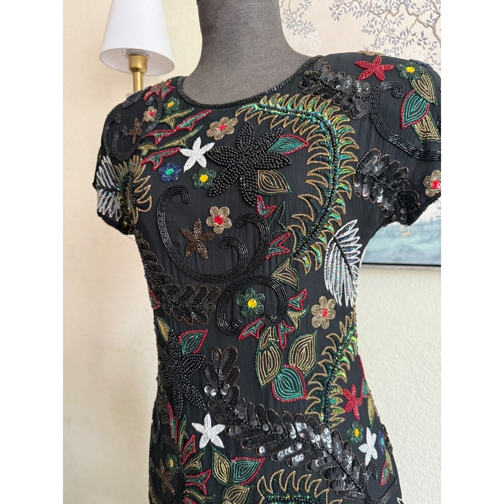 Pure Allure whimsical fairy‎ Vintage Beaded Silk Mini Dress Black Floral Sequin